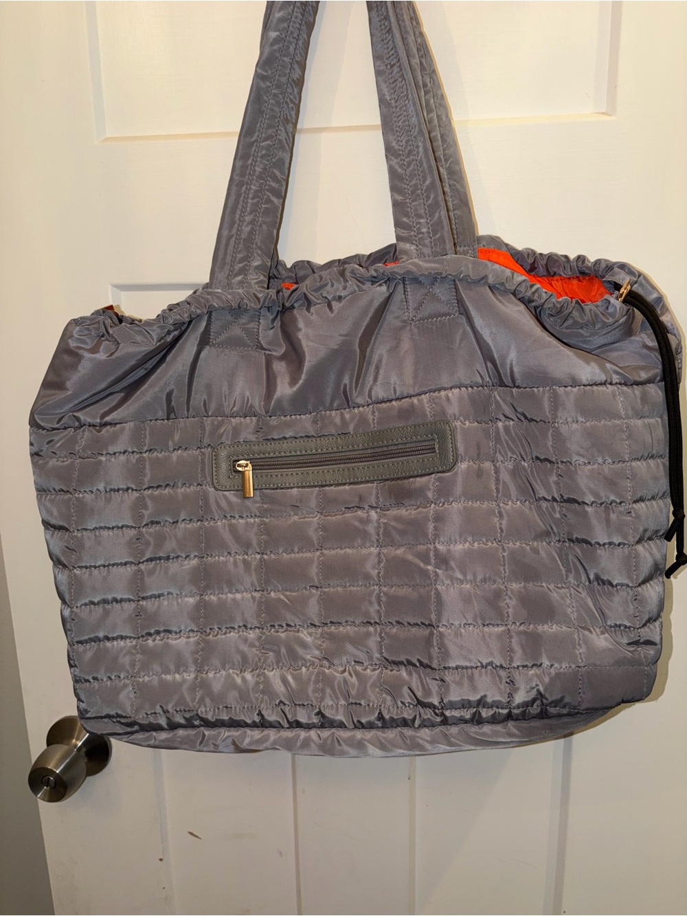 Quilted Gray Tote Bag with Orange Lining